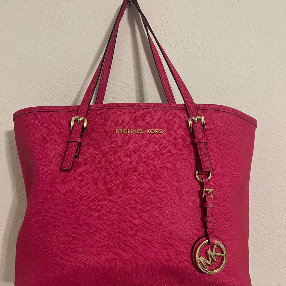 Michael Kors Pink Saffiano Leather Tote with Gold Accents